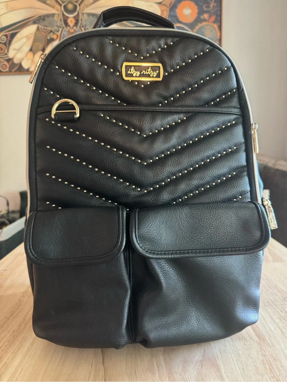 Itzy Ritzy Black Quilted Studded Diaper Backpack with stroller hooks
